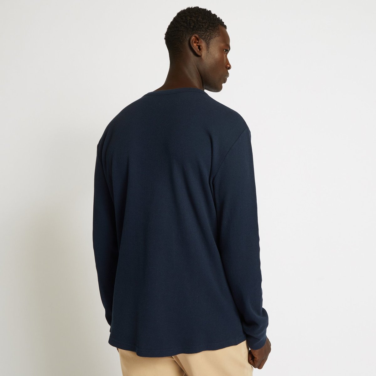 Tee-shirt manches longues col tunisien en coton BIO marine, MONOPRIX