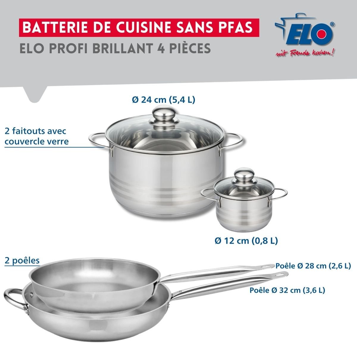 Batterie 2 poêles 28/32cm + 2 faitouts 12/24cm PROFI BRILLANT inox, ELO