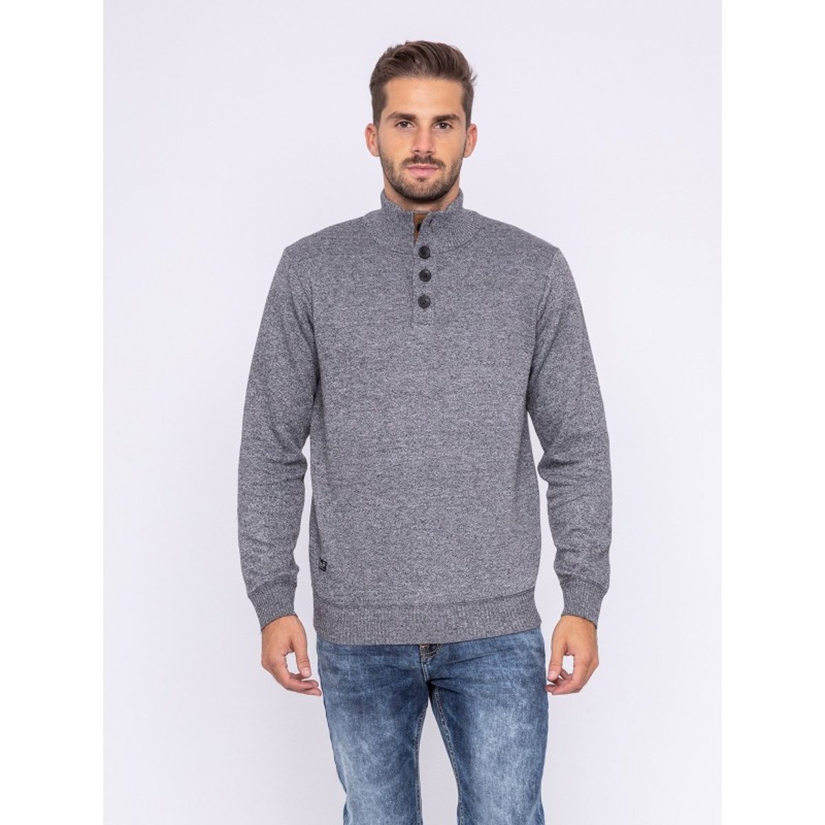 Pull Col Montant Boutons Lulite gris chiné, RITCHIE