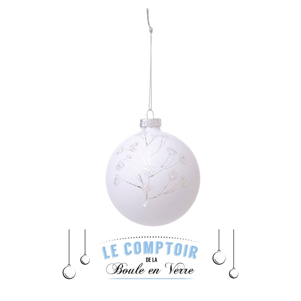 Boule de noël 70mm blanc chaud paillette blanc en verre blanc, FEERIC LIGHTS & CHRISTMAS