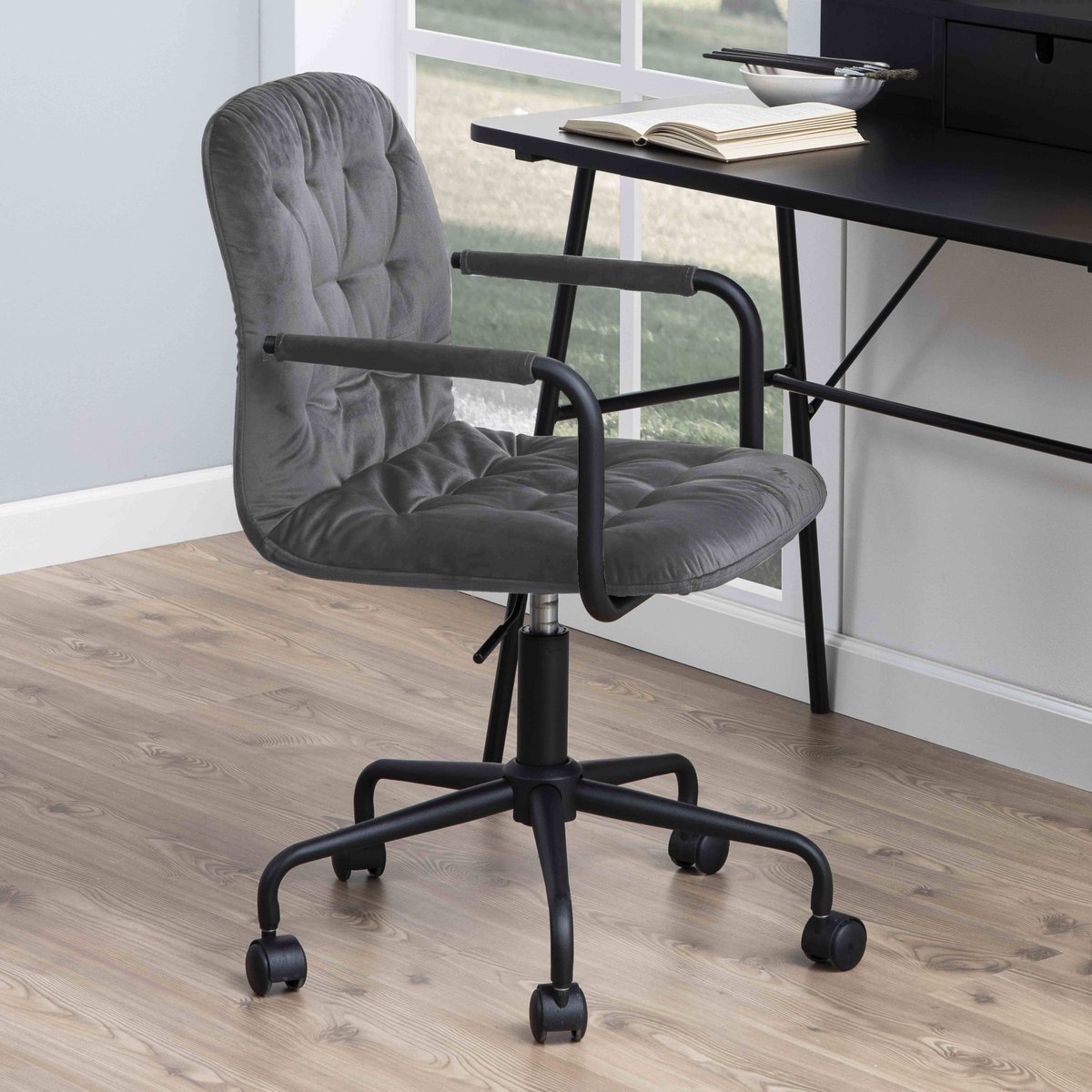 Fauteuil de bureau en velours assise capitonnée, MATT gris, OVIALA