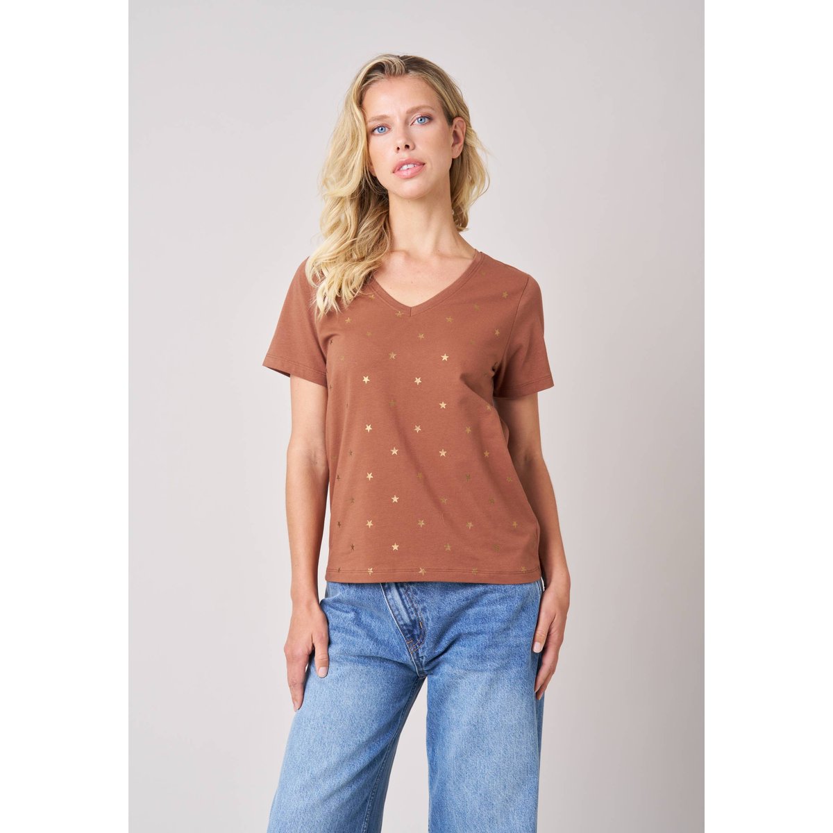 T-shirt regular femme en coton stretch imprimé étoiles FLORIA whisky, DEELUXE
