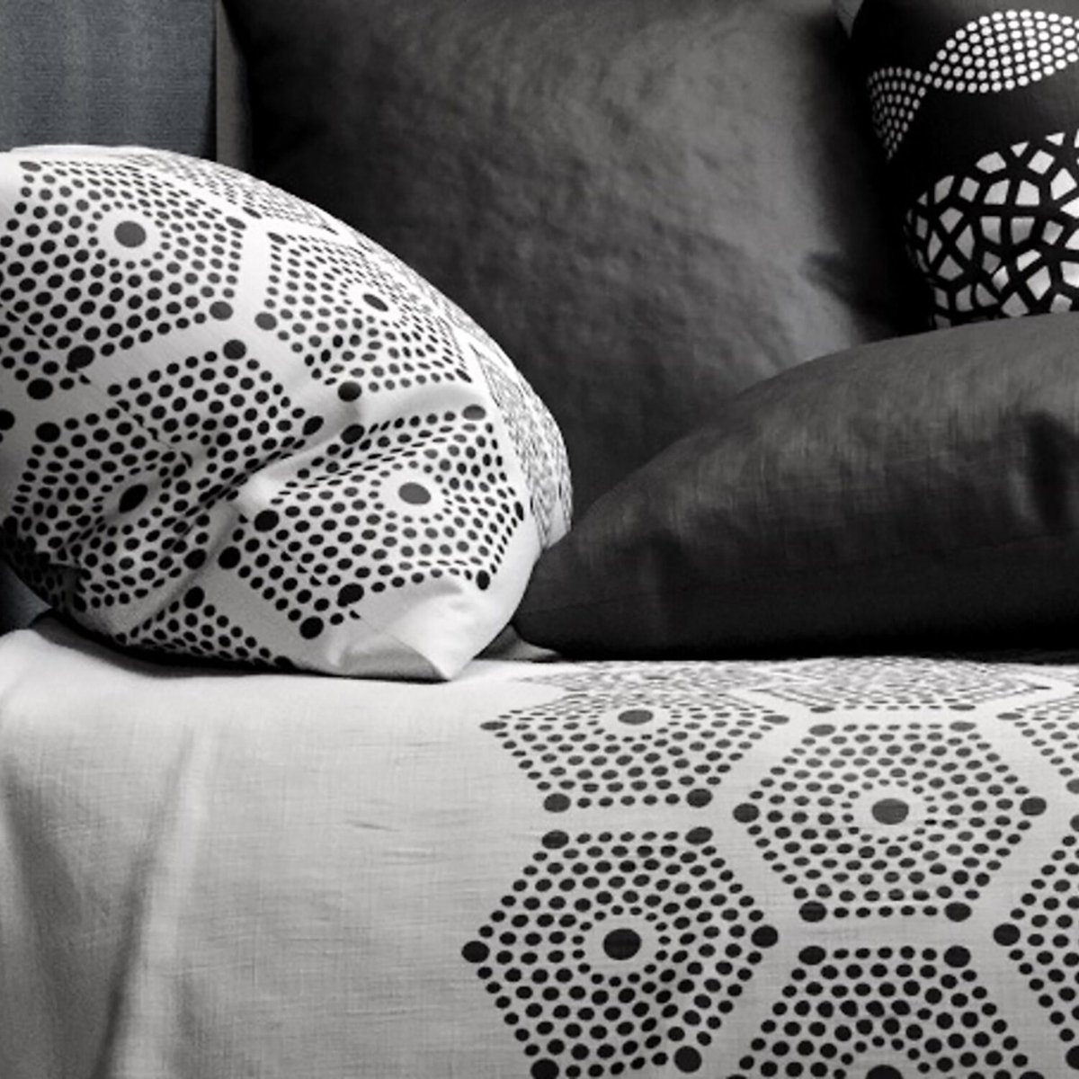 Parure housse de couette en coton imprimée, PAVAGE noir, ATELIER DU COTON
