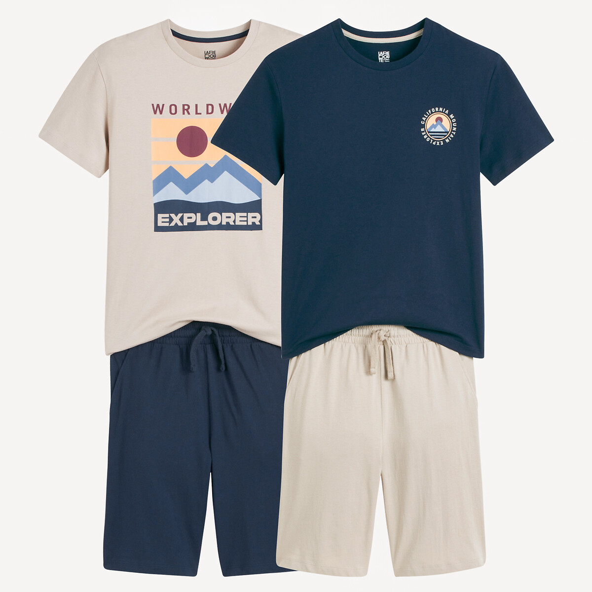 Lot de 2 pyjashorts coton, imprimé montagne bleu marine + beige, LA REDOUTE COLLECTIONS