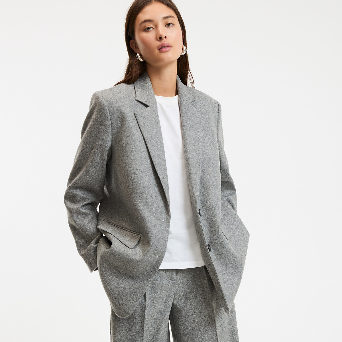 Blazer oversize 50% laine, Signature CLÉANDRE gris clair, LA REDOUTE COLLECTIONS