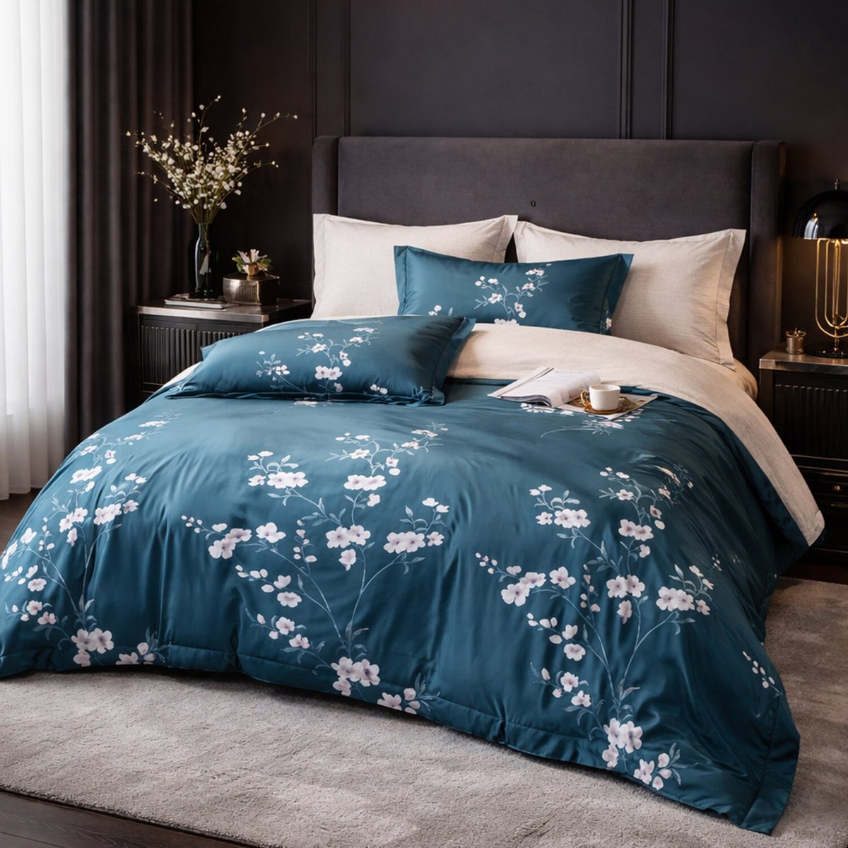 Parure house de couette en coton imprimé floral bleu nuit, Tsuki multicolore, C DESIGN HOME TEXTILE
