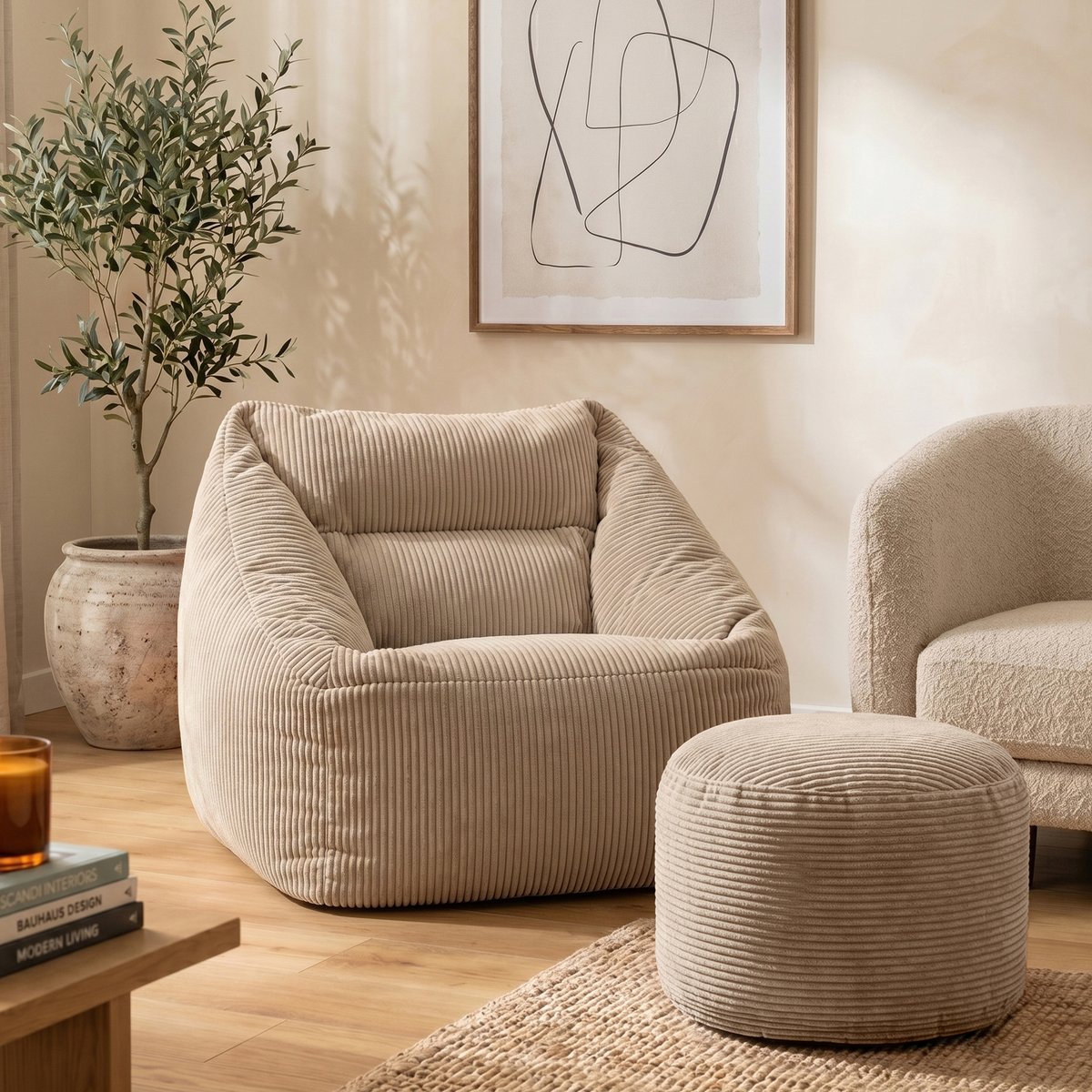 Pouf fauteuil salon et son repose-pied rond velours côtelé Oeko-Tex® - NATALIA beige galet, ICON