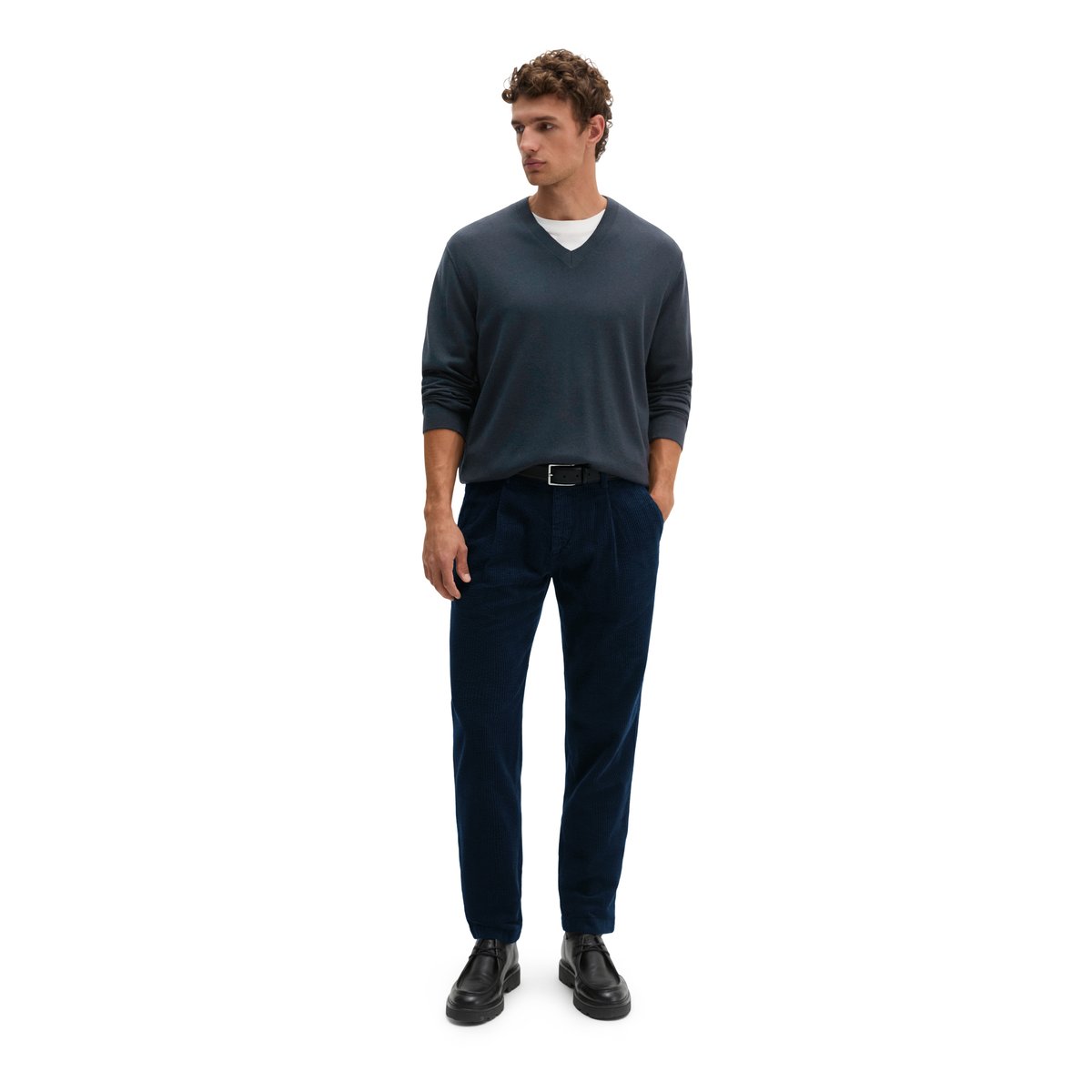 Pull à col en V, coupe classique en laine mérinos fine blaubleu, MARC O'POLO