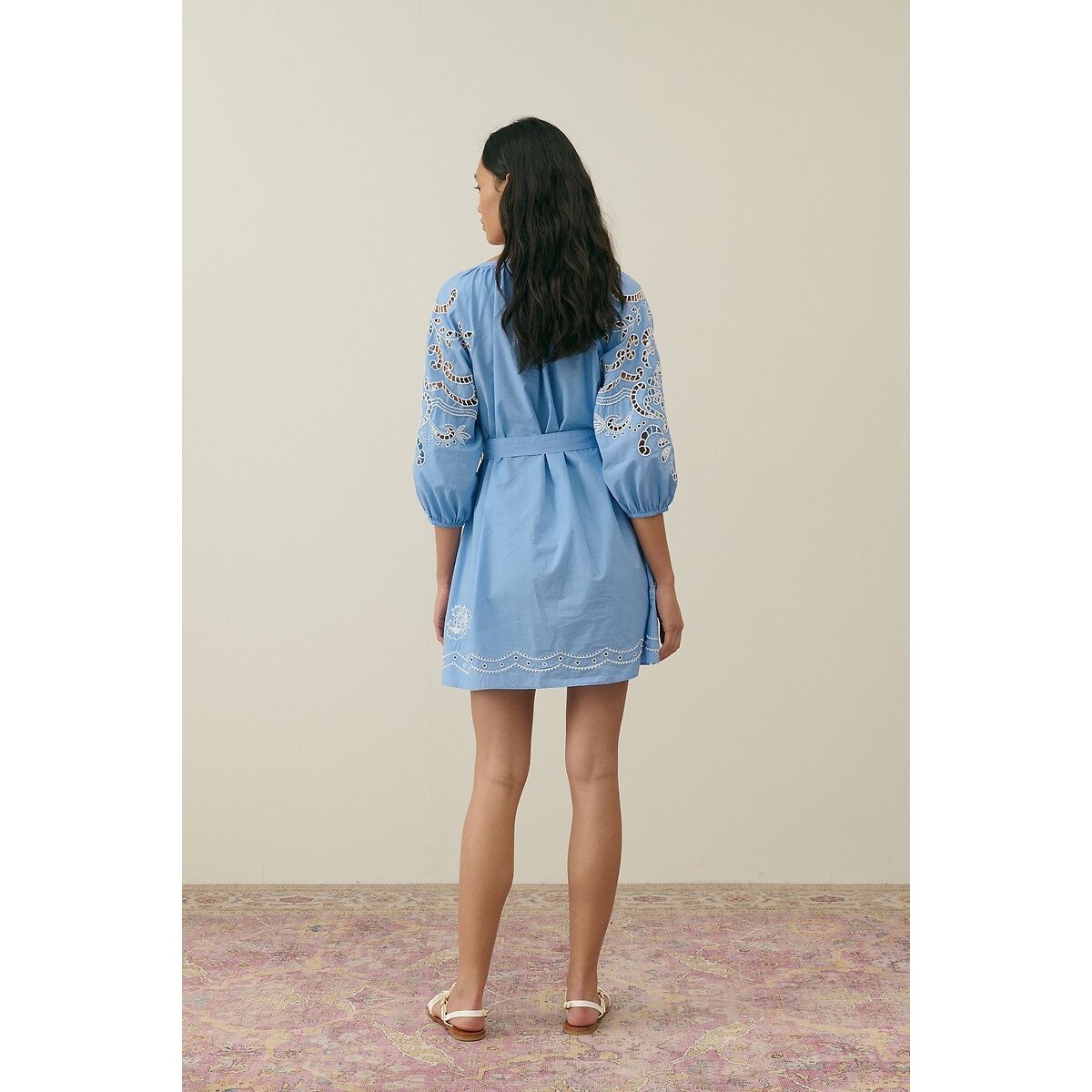 Rinala Embroidered Mini Dress with Crew Neck and 3/4 Length Sleeves blue striped, LOUISE MISHA