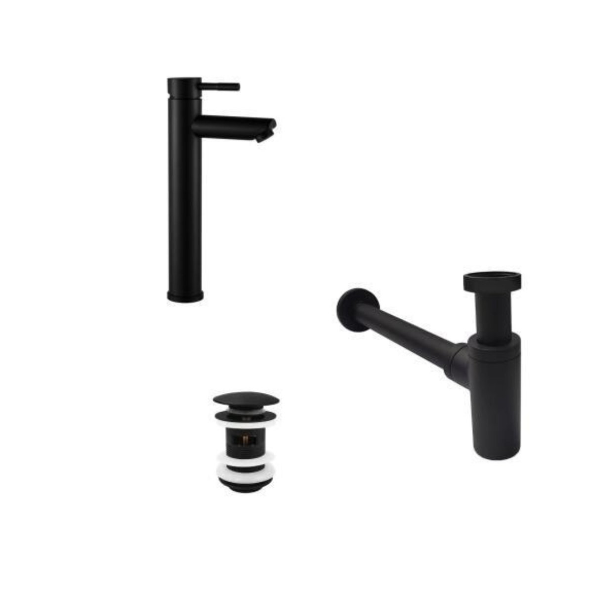 Robinet bec haut GRIFO + bonde CLINT + siphon SIMON noir, MOB IN
