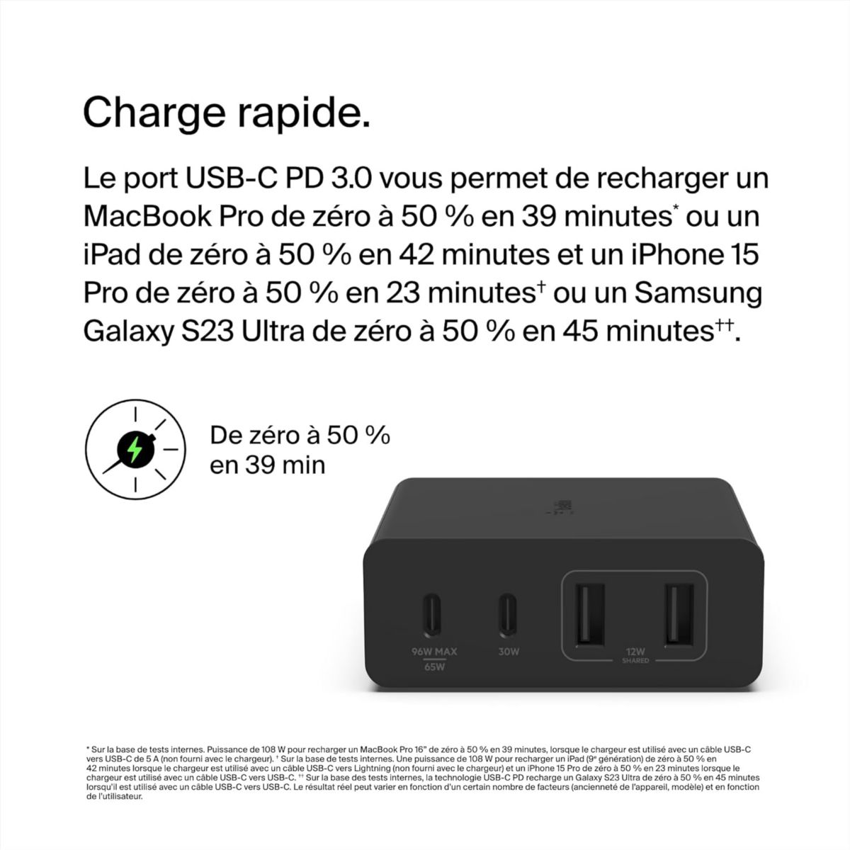 Chargeur ordinateur portable 4 ports 2 USB-C 2 USB-A 108W Noir couleur unique, BELKIN