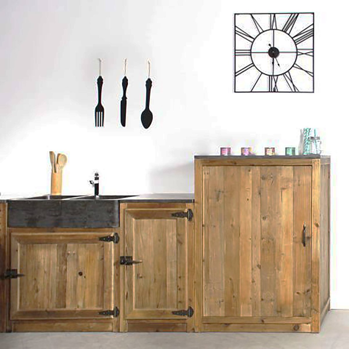 Meuble bas de cuisine en bois recyclé et pierre bleue CHAMPÊTRE bois clair, MADE IN MEUBLES