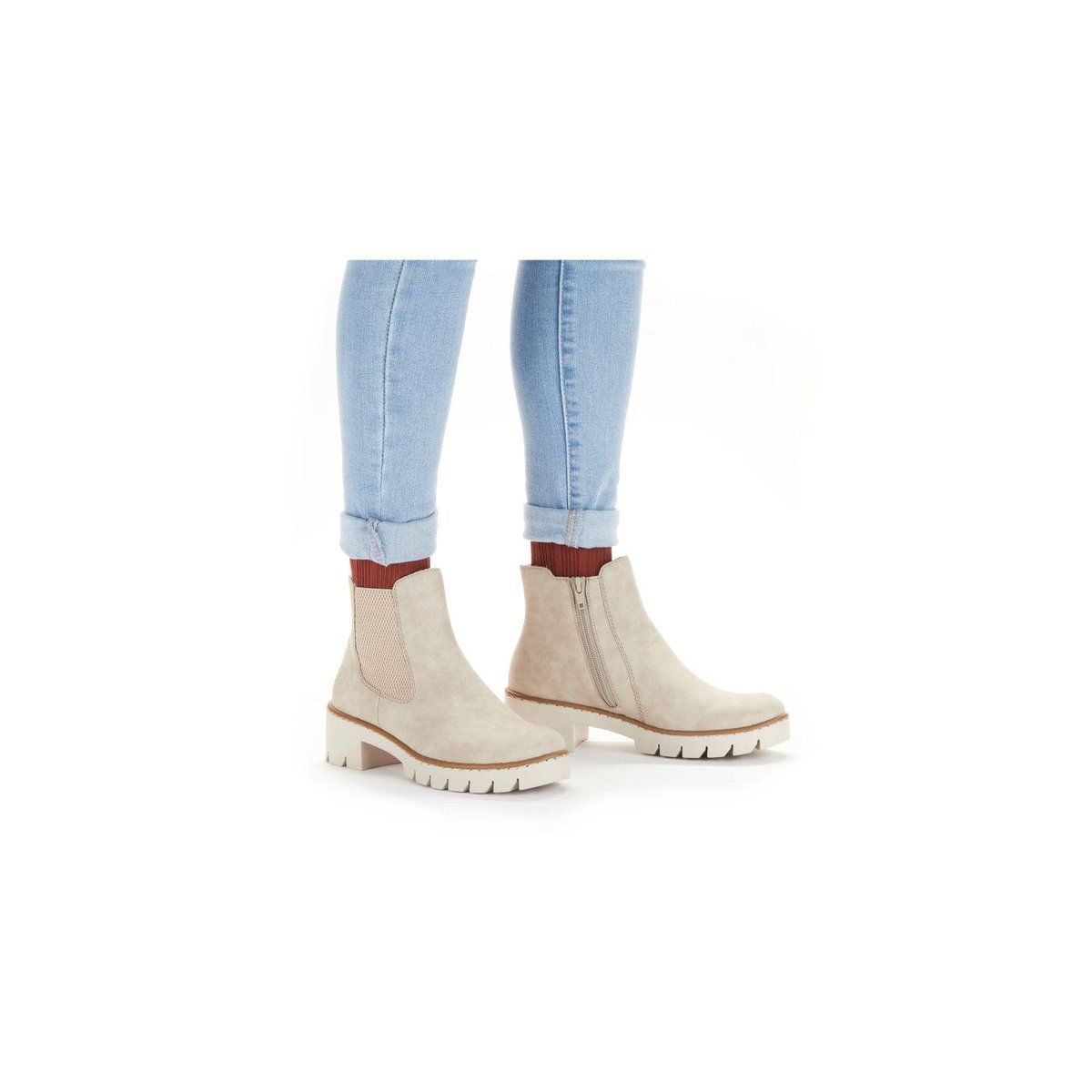 Bottines aspect nubuck taupe à semelle surélevée à talon décroché bas, fourrées, à soufflet élastiqué extérieur taupe, RIEKER
