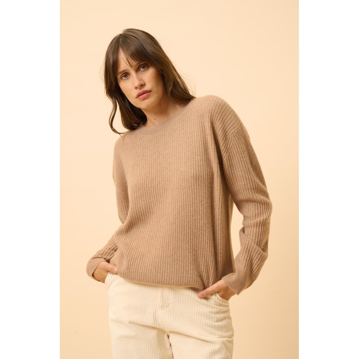 Pull Col Rond Camel Chiné Charline camel chiné, JUST CASHMERE