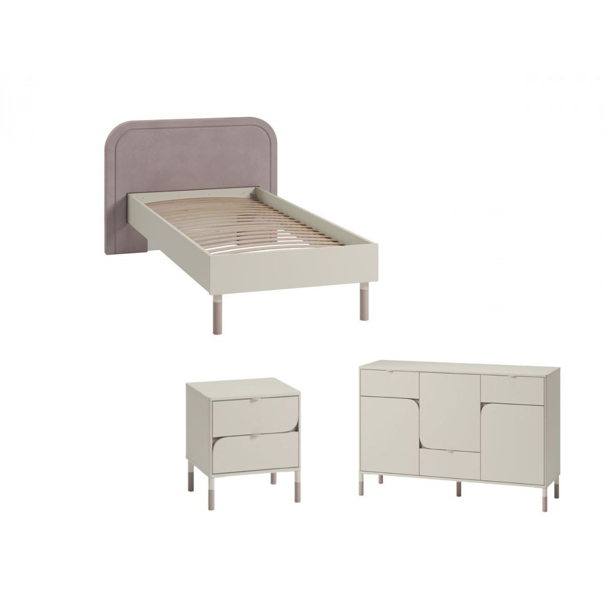 Ensemble lit, chevet et commode en panneaux de particules, BOREO blanc, BOBOCHIC