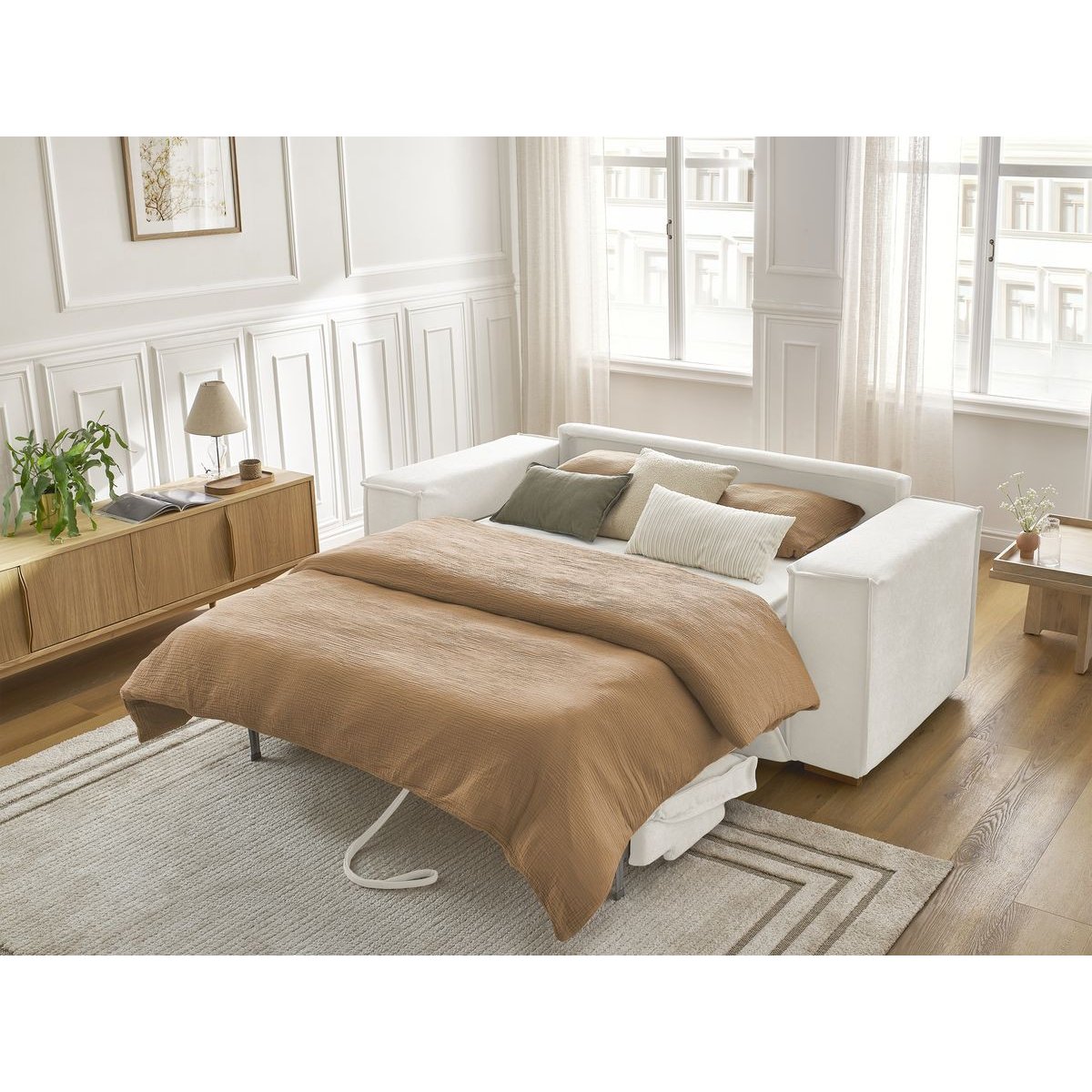 Canapé lit 3 places en tissu texturé couchage 140x200 cm, CHELSEA blanc, BOBOCHIC