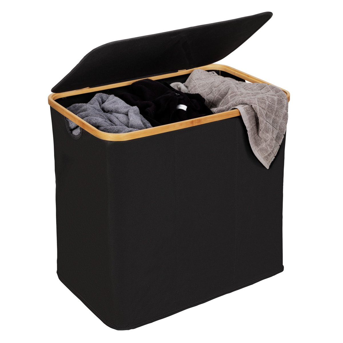 Panier à linge 3 compartiments ECORI noir et bois, WENKO