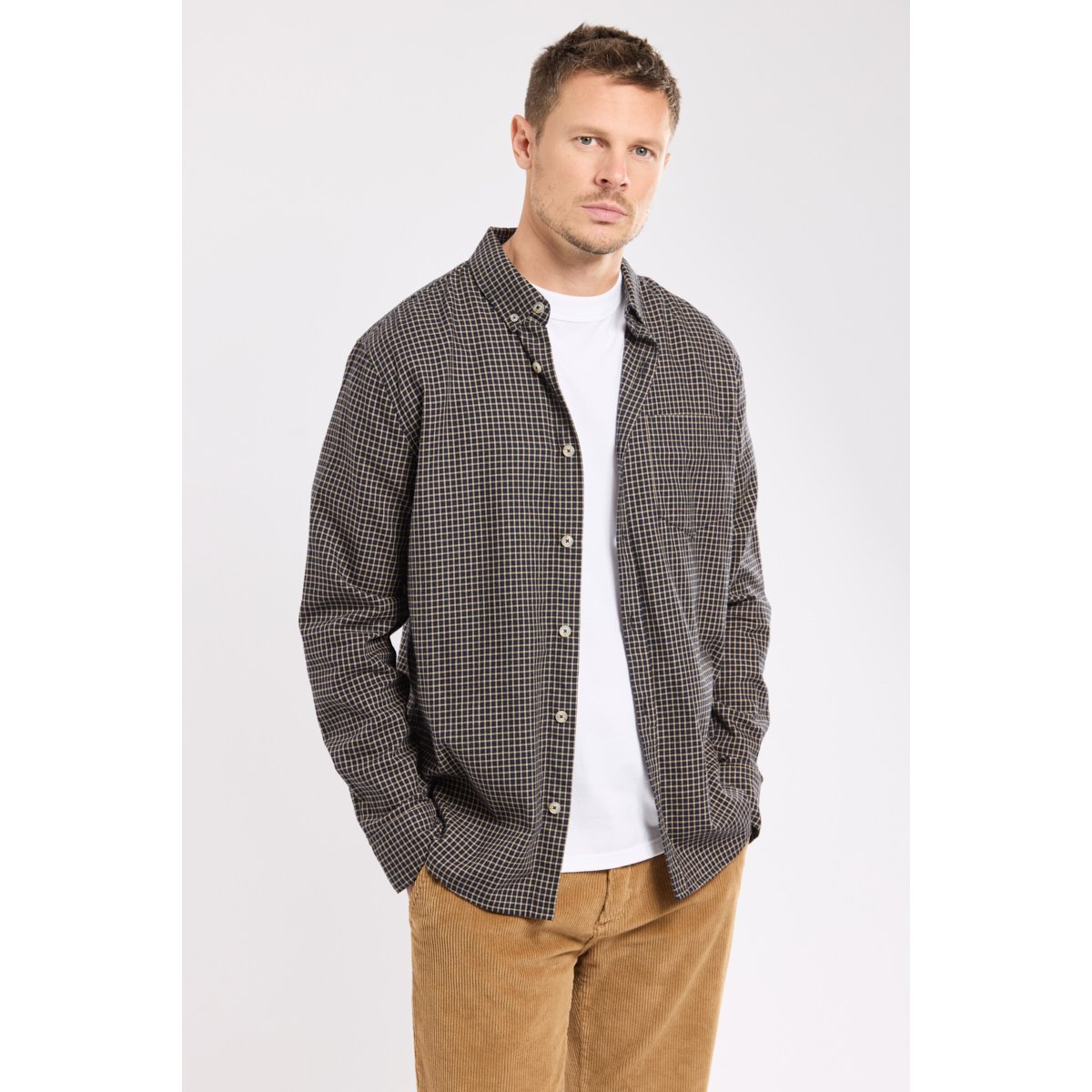Chemise coupe droite HERITAGE en coton flanelle pour homme carreaux marine/beige, ARMOR-LUX