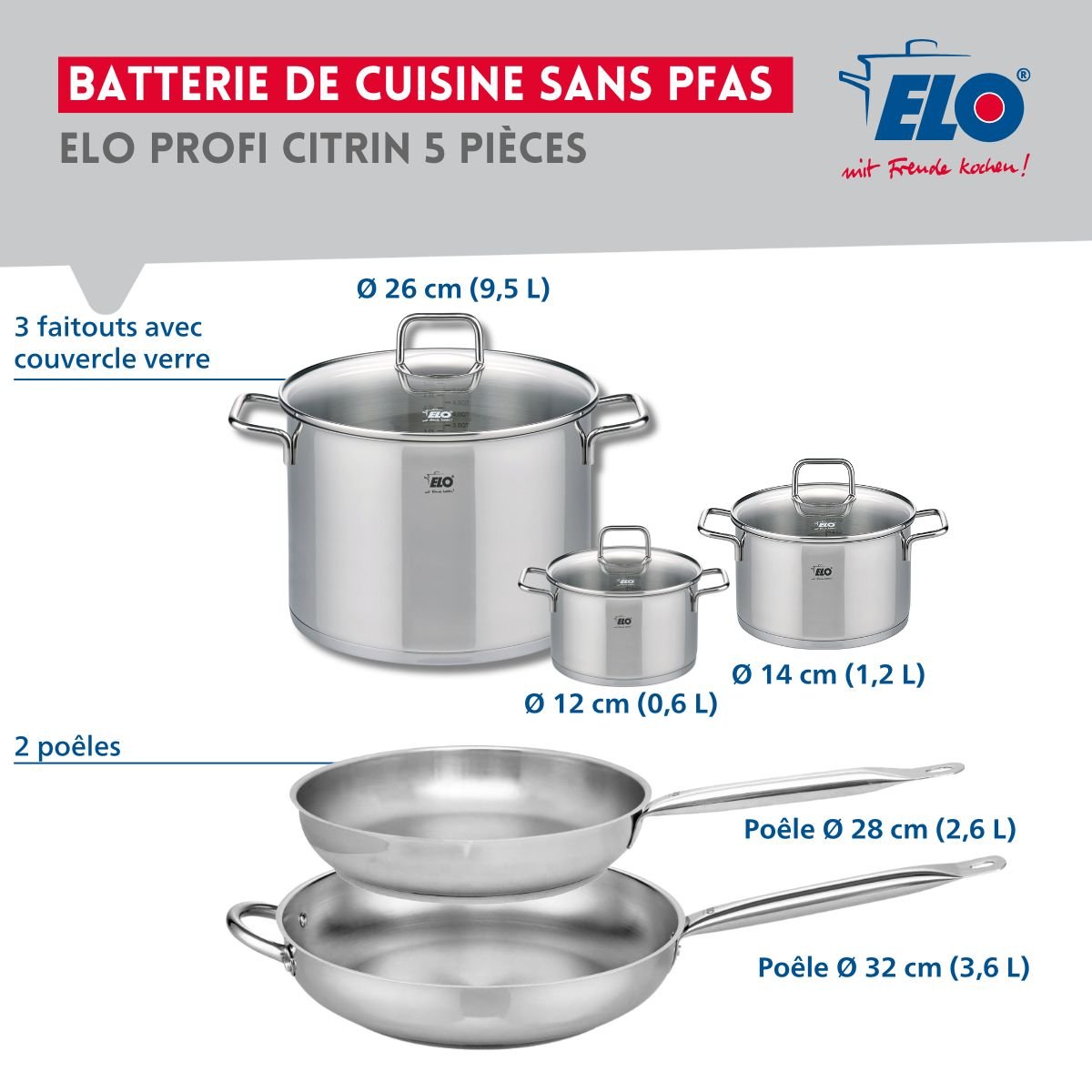 Batterie 2 poêles 28/32cm + 3 faitouts 12/14/26cm PROFI CITRIN inox, ELO