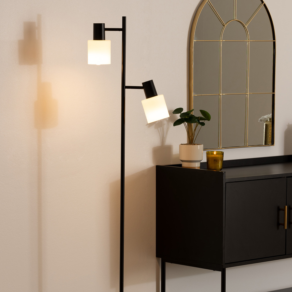 Lampadaire en métal 2 abat-jours en pierre TAIS noir, ATMOSPHERA