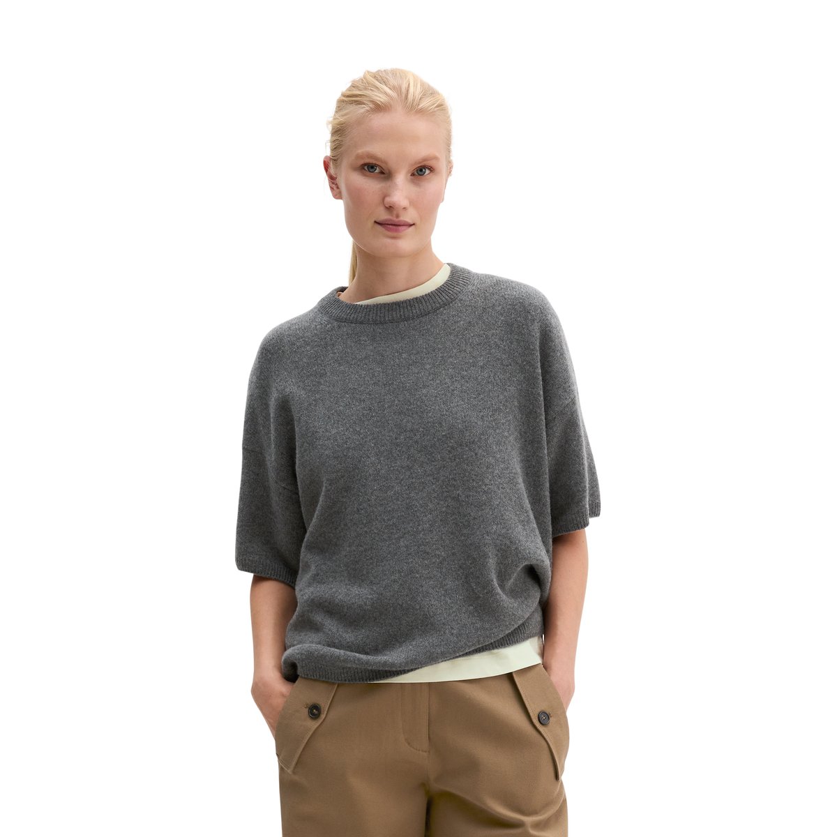 Pull à manches courtes ample en laine mérinos douce gris, MARC O'POLO