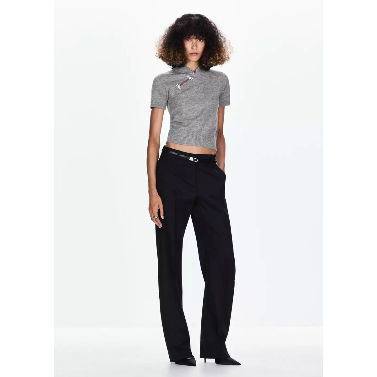 Pull-over manches courtes détail brillant gris chiné clair, MANGO