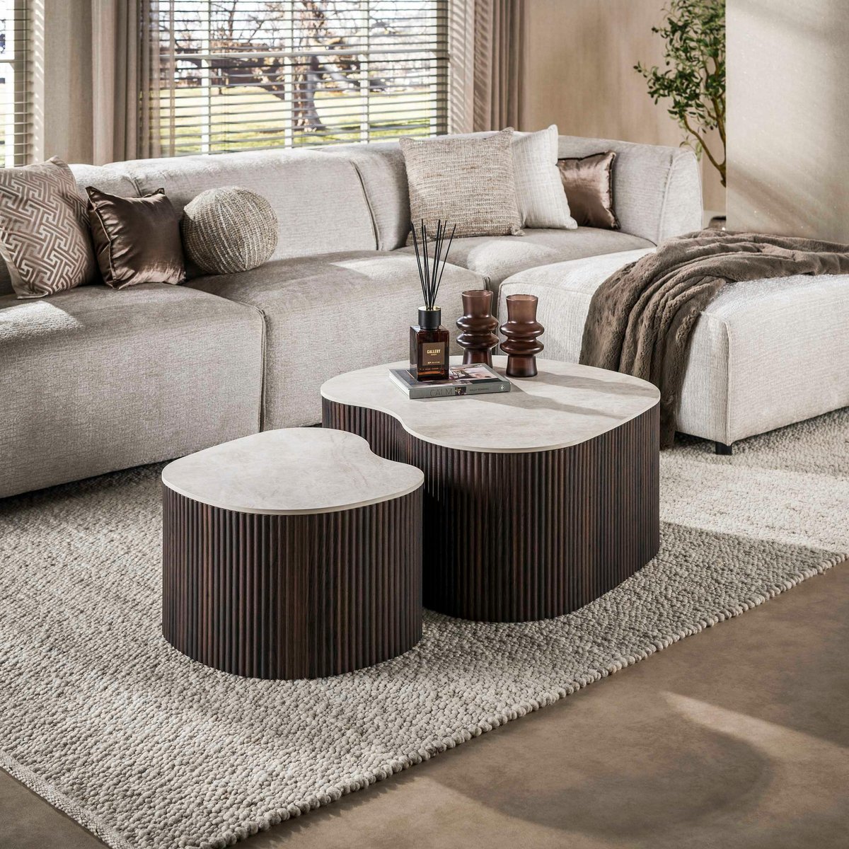 Table basse céramique et bois (lot de 2) MAHAL décor marbre, PIER IMPORT