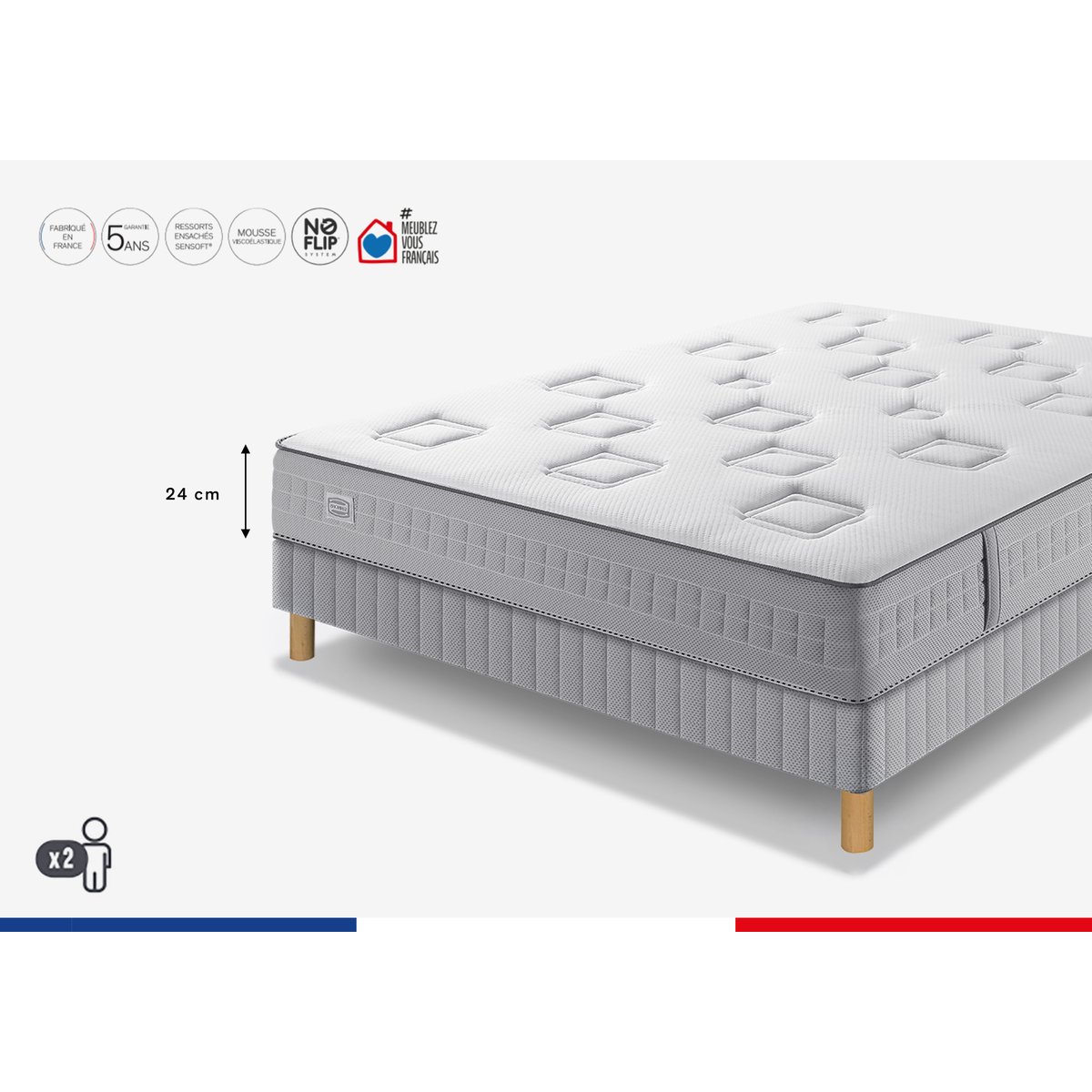 Ens CHALLENGE 140x200 matelas H24 ressort ensachés, très ferme, sommier blanc, SIMMONS