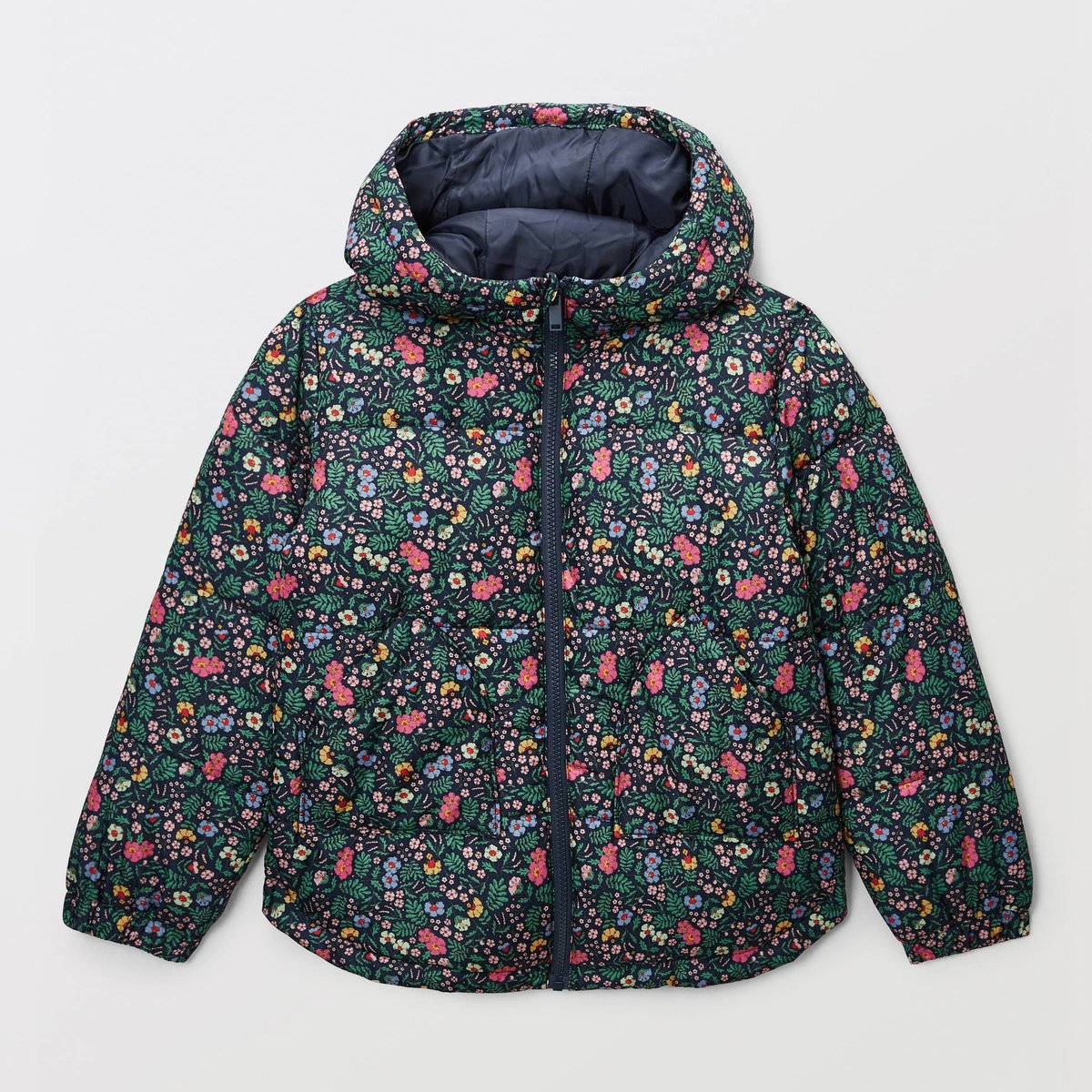 Doudoune à imprimé fleuri à capuche marine, MONOPRIX