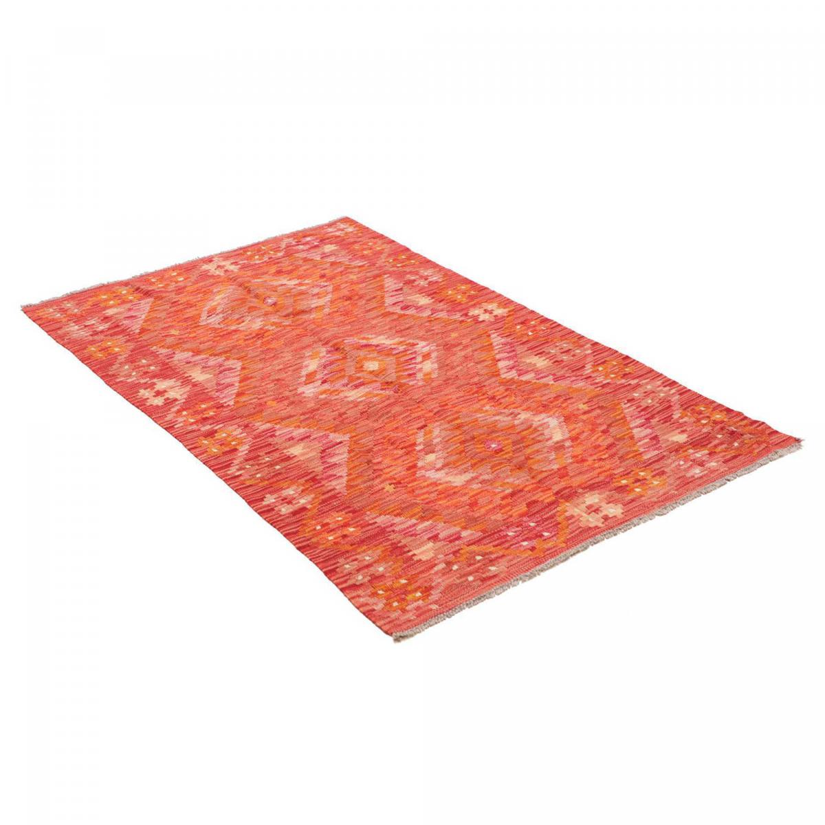 Tapis d'orient, motif géométrique artisanal, tissé plat, KILIM 12 rouge, orange, rose, UN AMOUR DE TAPIS