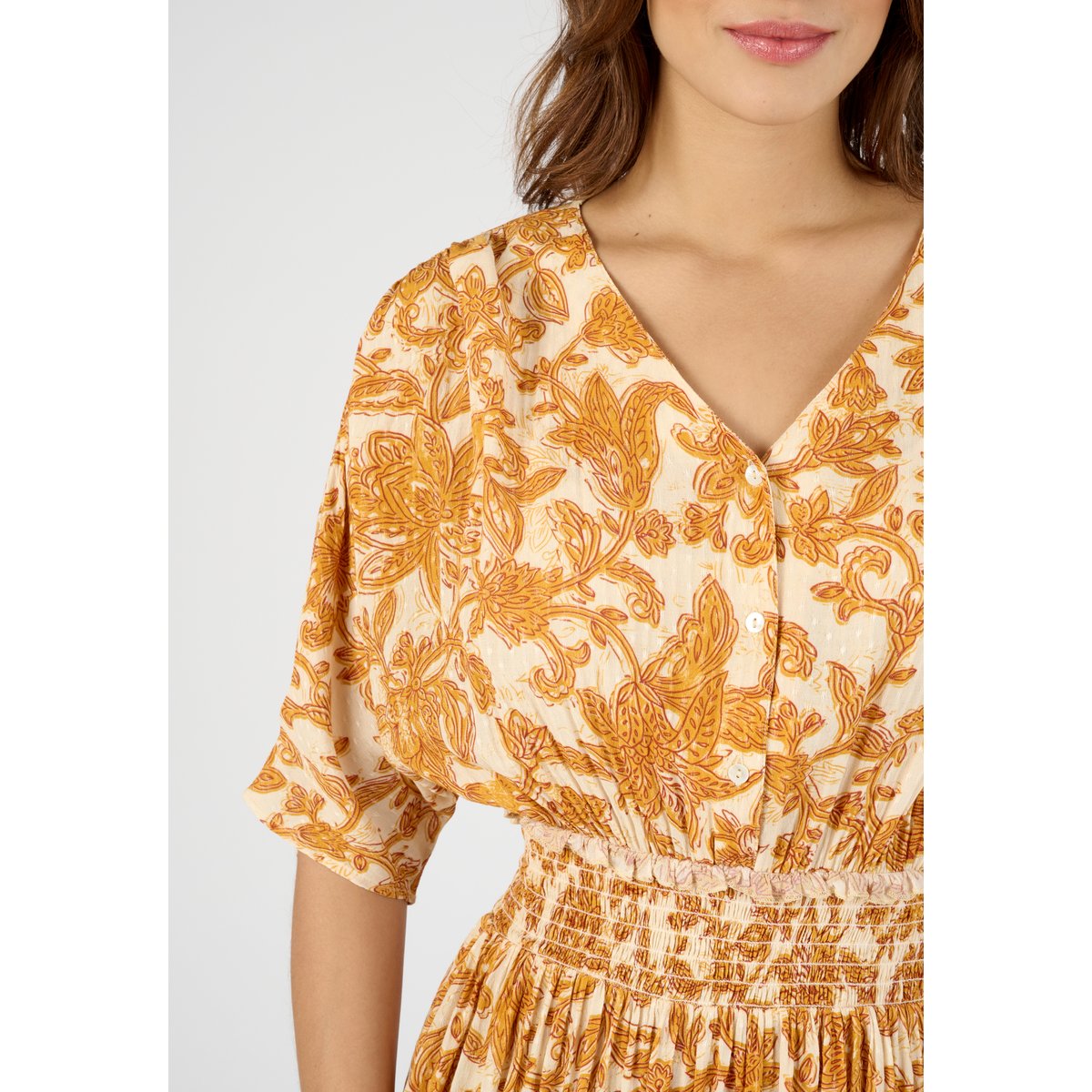 Robe longue à smocks jaune feuillage, DAMART