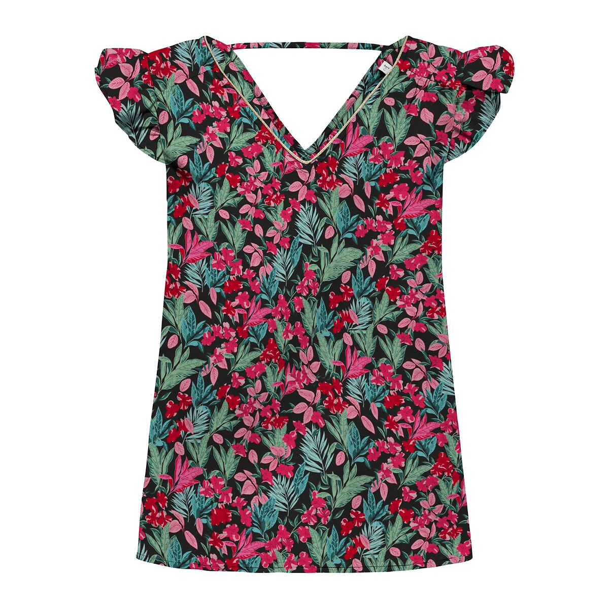 Blouse imprimée, col V imprimé fond noir, ONLY