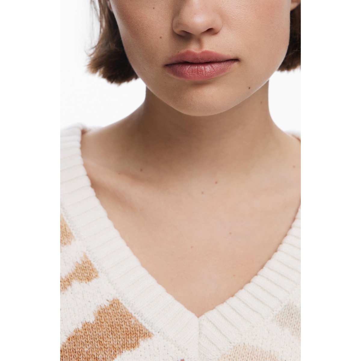 Pull zébré col en V blanc, DESIGUAL