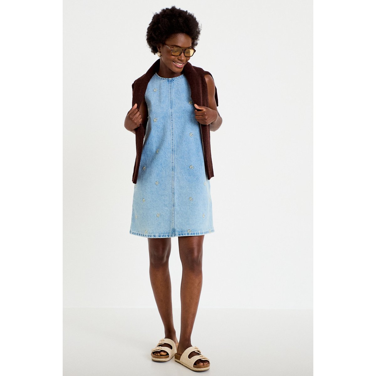 Robe courte évasée en jean sans manches bleu, CACHE CACHE