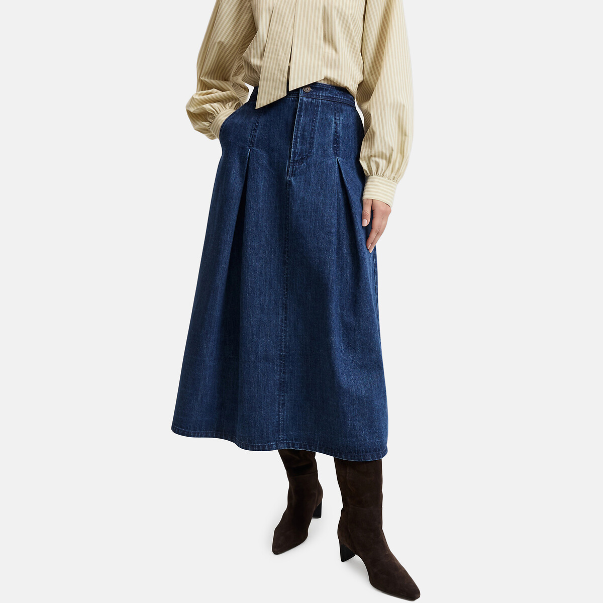 Falda midi vaquera evasé con pliegues azul natural, LA REDOUTE COLLECTIONS