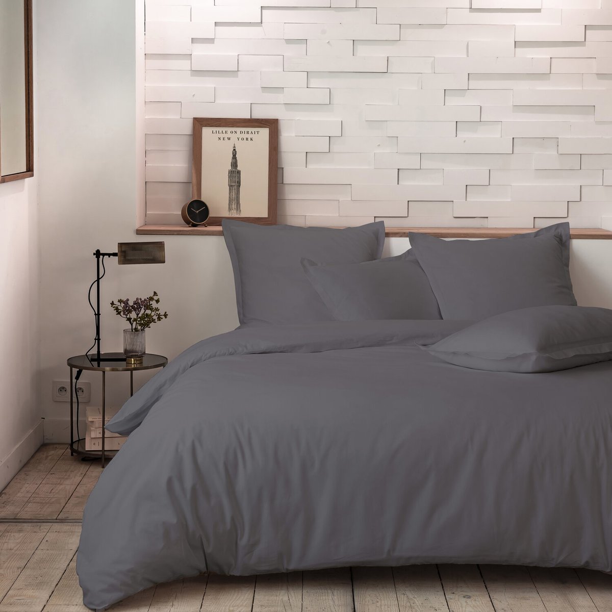 Drap housse en percale de coton bonnet 30cm uni, MURA gris anthracite, C DESIGN HOME TEXTILE