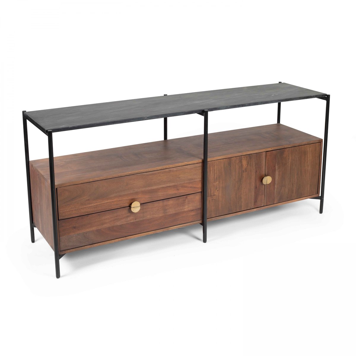 Meuble TV en acacia avec plateau en marbre 152 cm, MONA marron, OVIALA