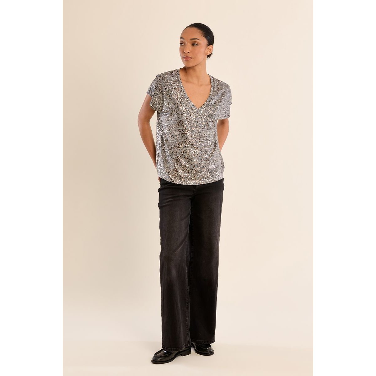 T-shirt col V irisé gris, MOLLY BRACKEN