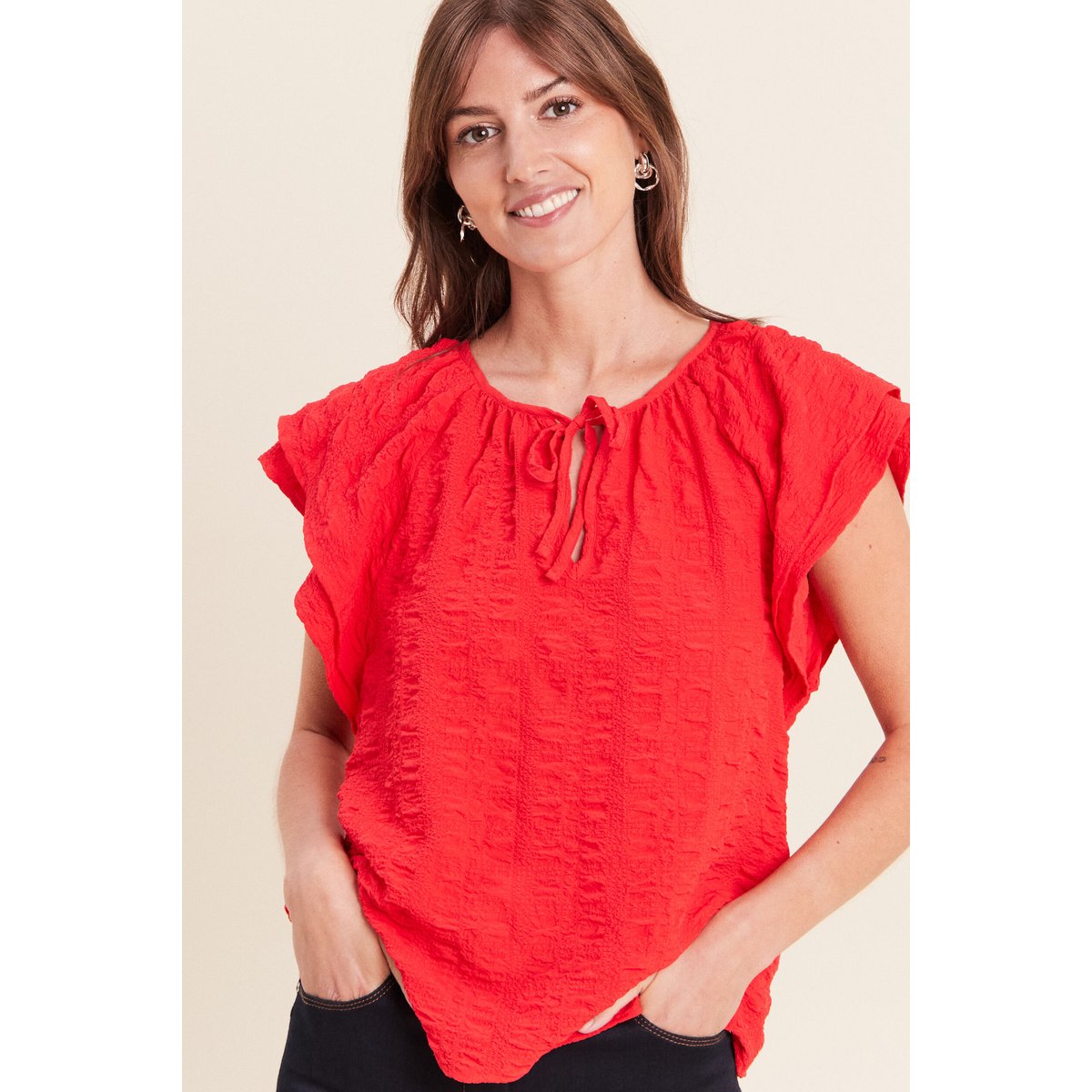 Blouse col v manches courtes fluide rouge, BREAL