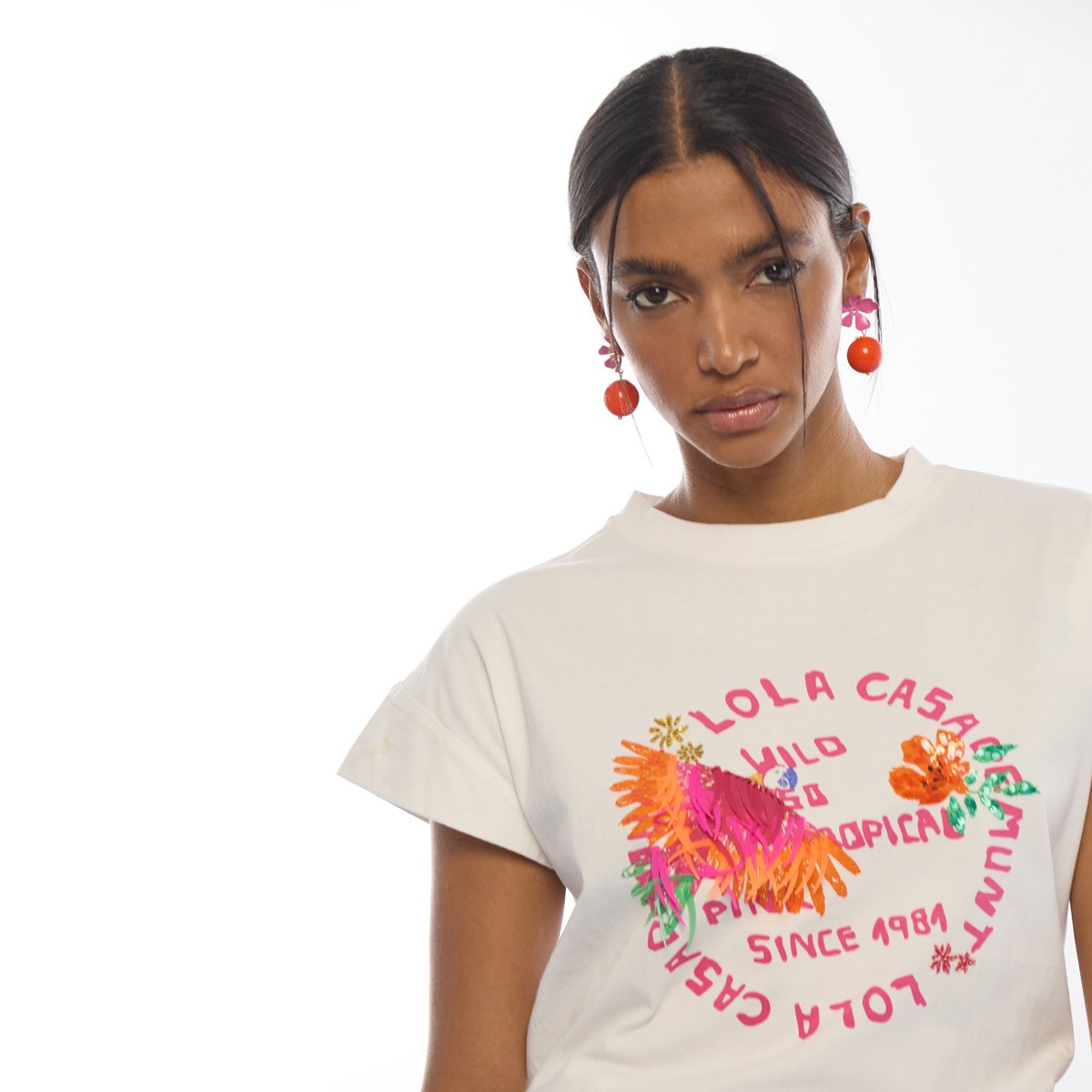 T-shirt coton coupe droite brodé à motif tropical blanc, LOLA CASADEMUNT