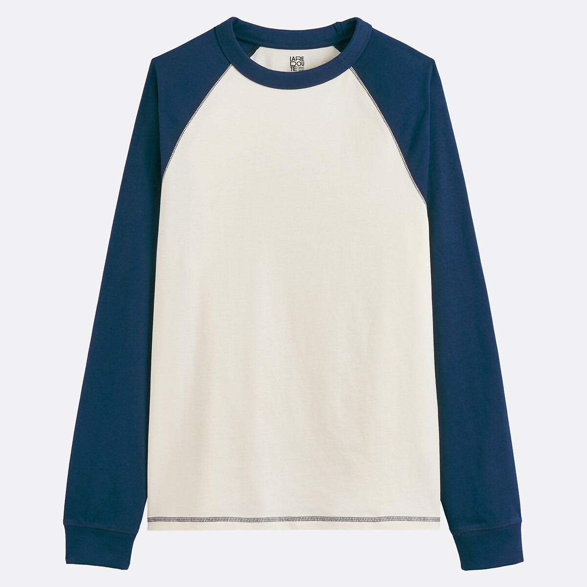 T-shirt girocollo maniche lunghe ecru + blu, LA REDOUTE COLLECTIONS