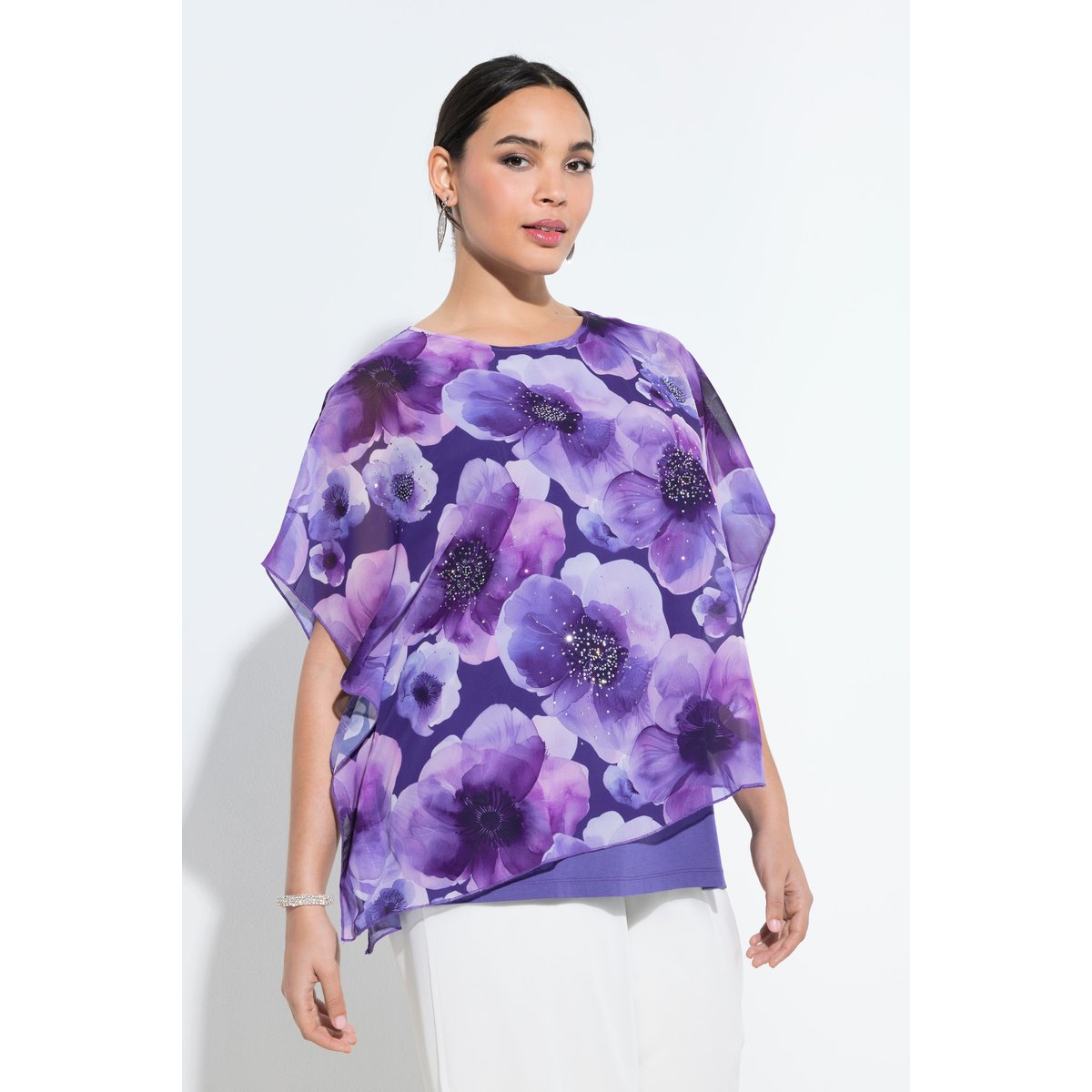 Blouse à fleurs en mousseline doublée violet, ULLA POPKEN