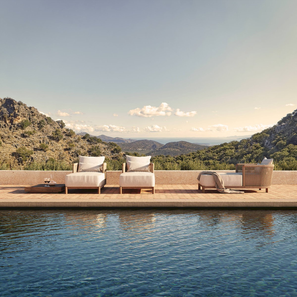 Chaise longue bohème S.TRENA en bois beige et bois brun, RECOLLECTION