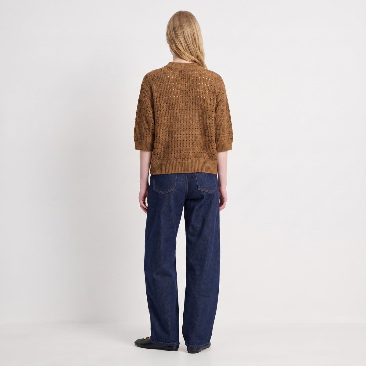 Pull manches ballon col rond maille ajourée FLELIS camel, ARTLOVE