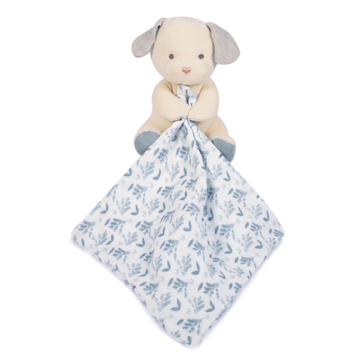 Chien petit modèle avec doudou 15 cm bio beige/bleu, DOUDOU ET COMPAGNIE