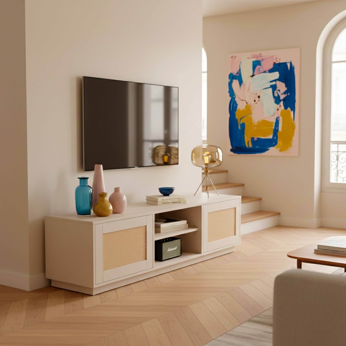 Meuble TV effet bois et cannage en rotin naturel 160 cm style bohème, WALTER crème, OVIALA