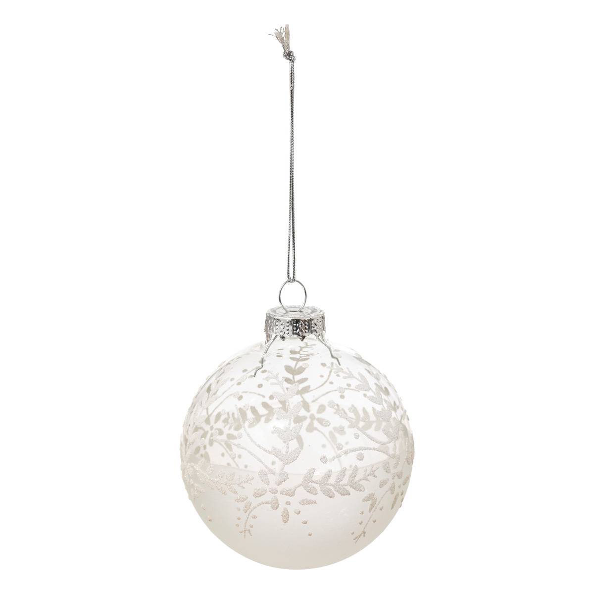 Boule de Noël en verre fleurs et branche blanche D. 80 mm blanc, FEERIC LIGHTS & CHRISTMAS