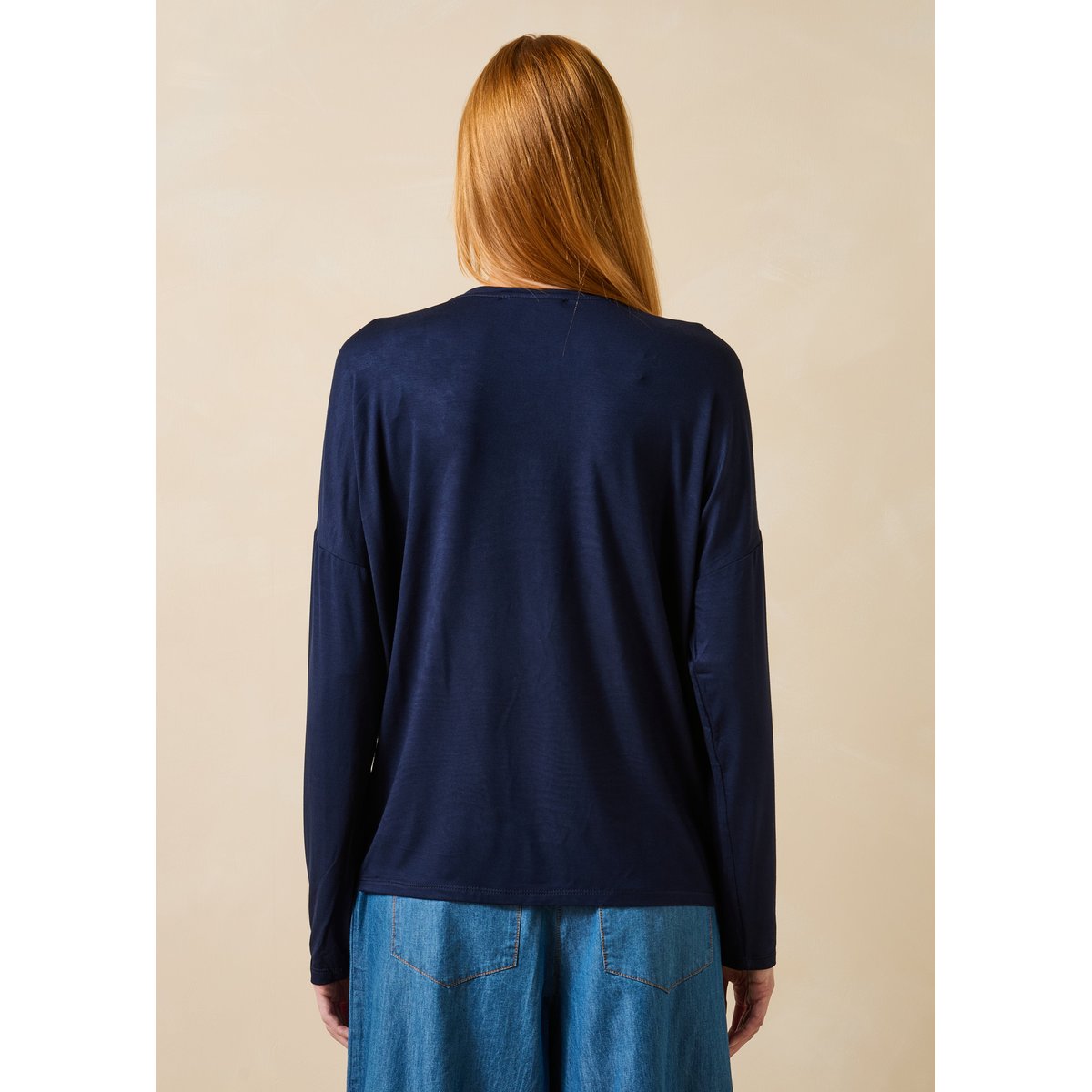 T-shirt ample manches longues col V marine, LA FEE MARABOUTEE