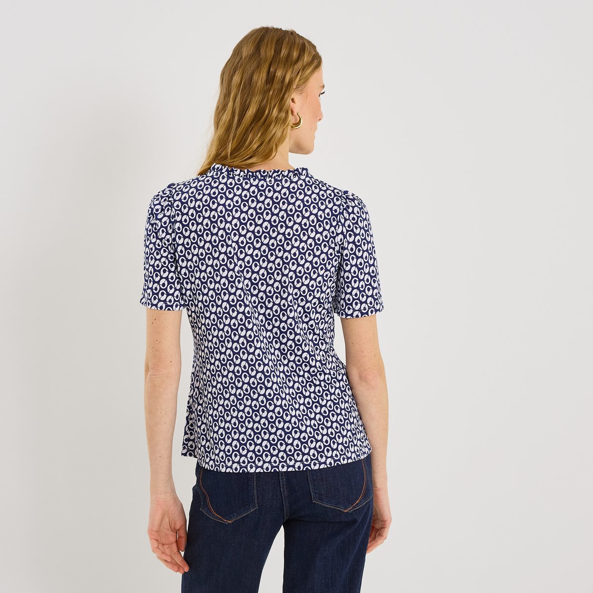 Blouse col V imprimé géométrique bleu, GRAIN DE MALICE