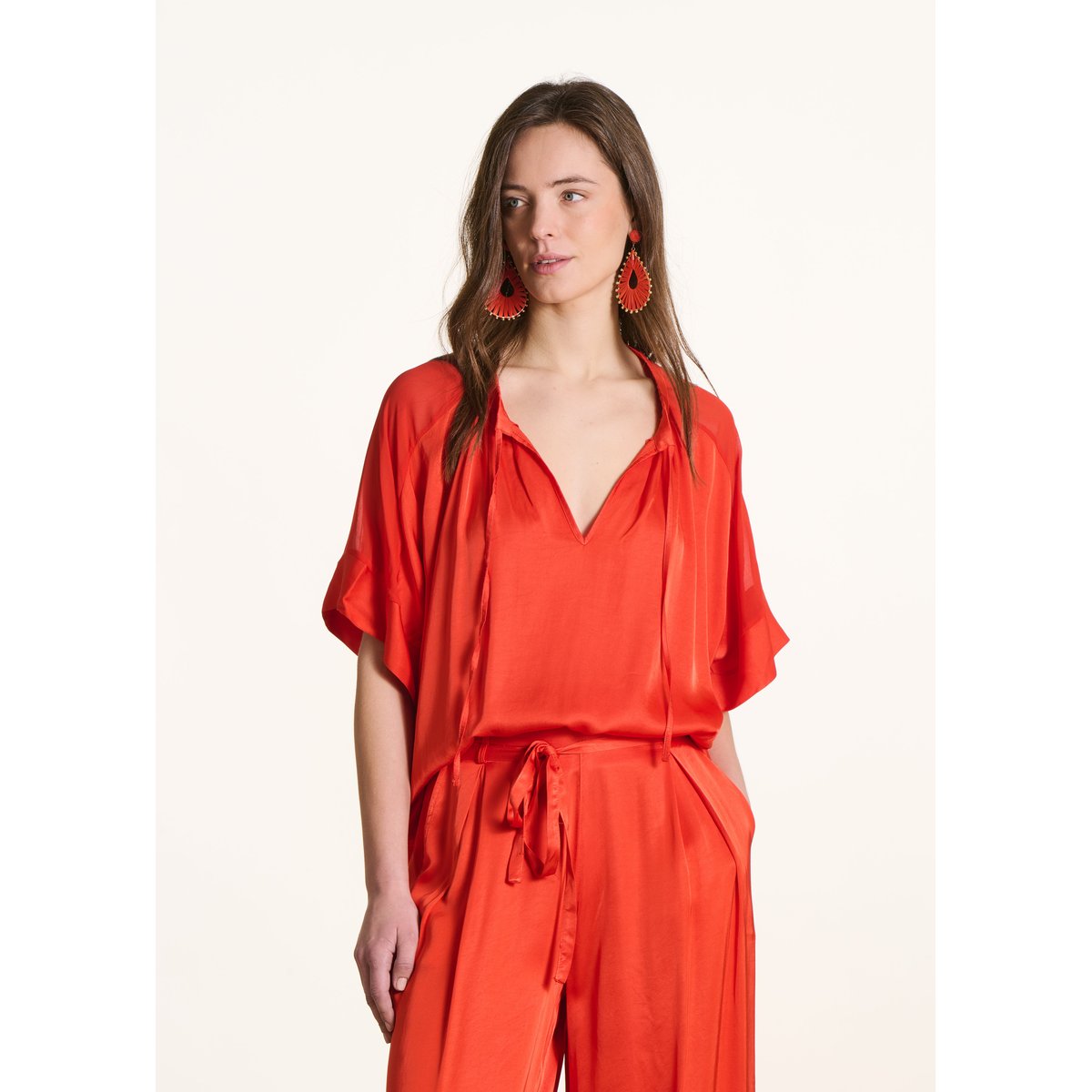 Blouse ample en satin encolure tunisienne jaspe, LA FEE MARABOUTEE